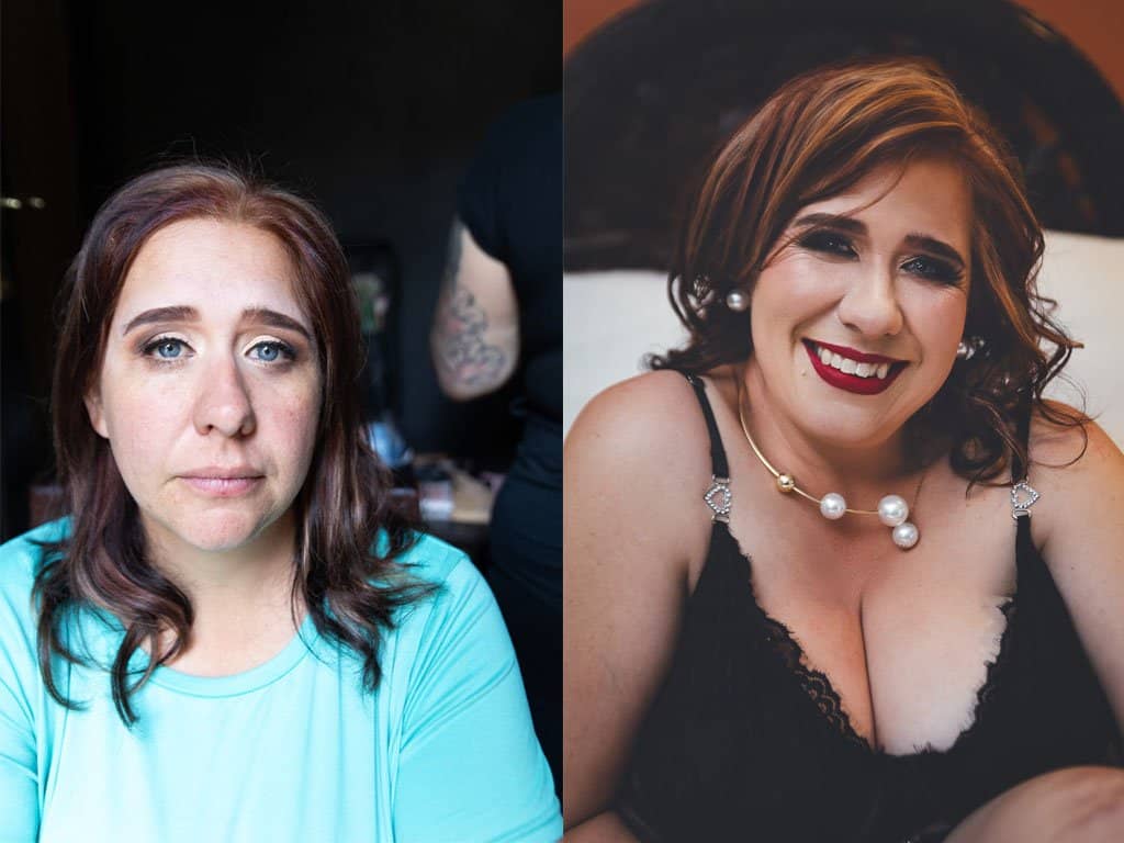 A side-by-side comparison of a woman's portrait before and after a boudoir photoshoot, showcasing the transformative power of self-confidence